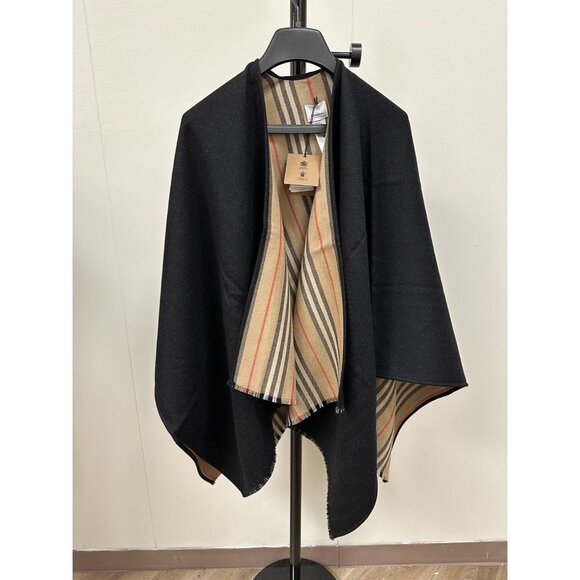 Burberry Icon stripe Solid Reversible Wool Cape Black US OS - Picture 2 of 8